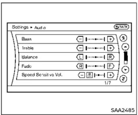 Settings • Audio Bass Treble Balance Fudo Speed Sensit ve Vol. 1/7 SAA2485