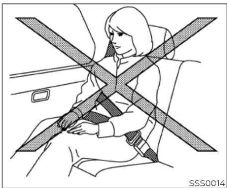 Line drawing of a person sitting in a car with a cross-shaped seatbelt (no text or symbols)