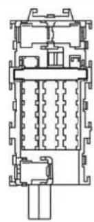 Technical line drawing of a mechanical or electrical component with internal channels and mounting brackets (no text or symbols)