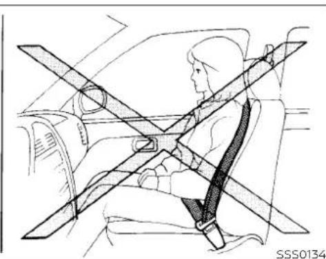 Line drawing of a person seated in a car, wearing a seatbelt and crossed-out straps (no text or symbols)