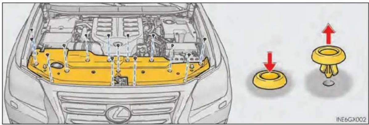 Diagram showing engine compartment with highlighted components and directional arrows indicating assembly or movement, including a yellow valve and a yellow knob.