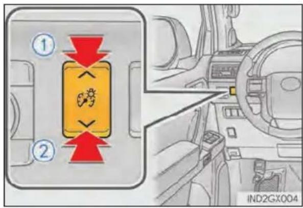 Diagram showing a device control panel with directional arrows and a close-up of the interior dashboard, labeled with numbers ① and ②.