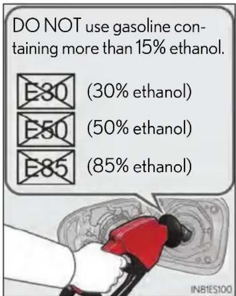 DO NOT use gasoline containing more than 15% ethanol. E30 (30% ethanol) E50 (50% ethanol) E85 (85% ethanol)