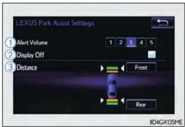 LEXUS Park Assist Settings ① Alert Volume 1 2 3 4 5 ② Display Off ③ Distance Front Rear IID4GX135ME