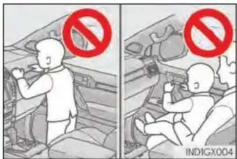 Two-panel image showing a person in a car with a red prohibition symbol, and another showing a child inside a vehicle with a 'NO' sign.