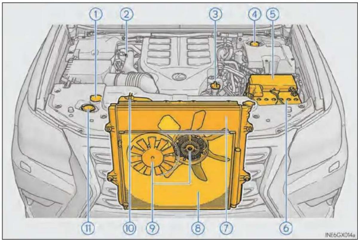Technical diagram of a car engine with numbered components for identification