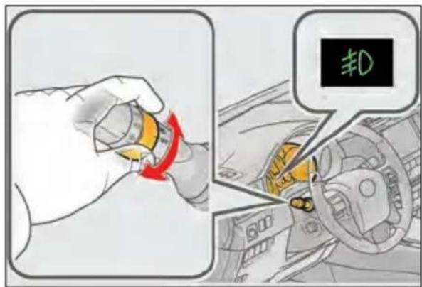 Diagram showing a hand holding a yellow object with red arrow, next to a car interior with a '#D' label and a speech bubble.