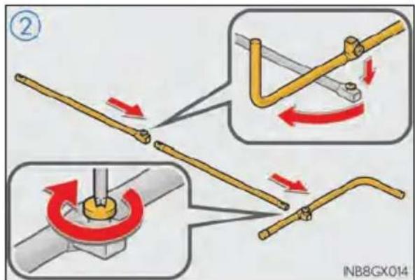 Diagram illustrating mechanical assembly steps with labeled parts and directional arrows