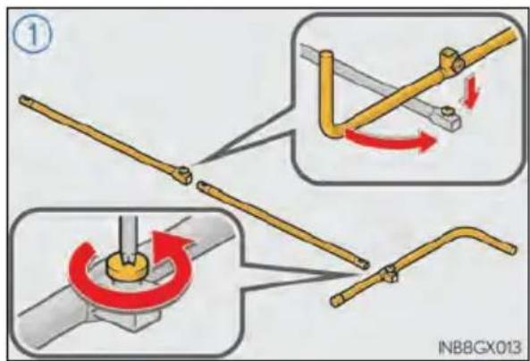 Diagram illustrating mechanical assembly steps with labeled components and directional arrows