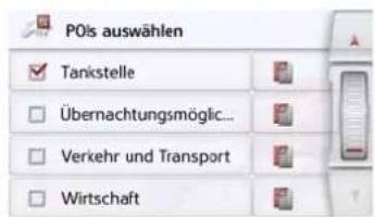 POIs auswählen ✓ Tankstelle □ Übernachtungsmöglich... □ Verkehr und Transport □ Wirtschaft