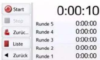 Start Stop Zurück... Liste Zurück 0:00:10 Runde 5 0:00:00 Runde 4 0:00:00 Runde 3 0:00:00 Runde 2 0:00:00 Runde 1 0:00:00