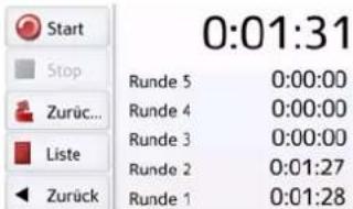 Start Stop Zurück... Liste Zurück 0:01:31 Runde 5 0:00:00 Runde 4 0:00:00 Runde 3 0:00:00 Runde 2 0:01:27 Runde 1 0:01:28