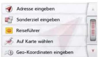 Adresse eingeben Sonderziel eingeben Reiseführer Auf Karte wählen Geo-Koordinaten eingeben
