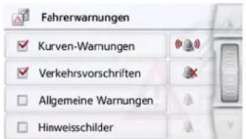 Fahrerwarnungen ✓ Kurven-Warmungen ✓ Verkehrsvorschriften □ Allgemeine Warnungen □ Hinweisschilder