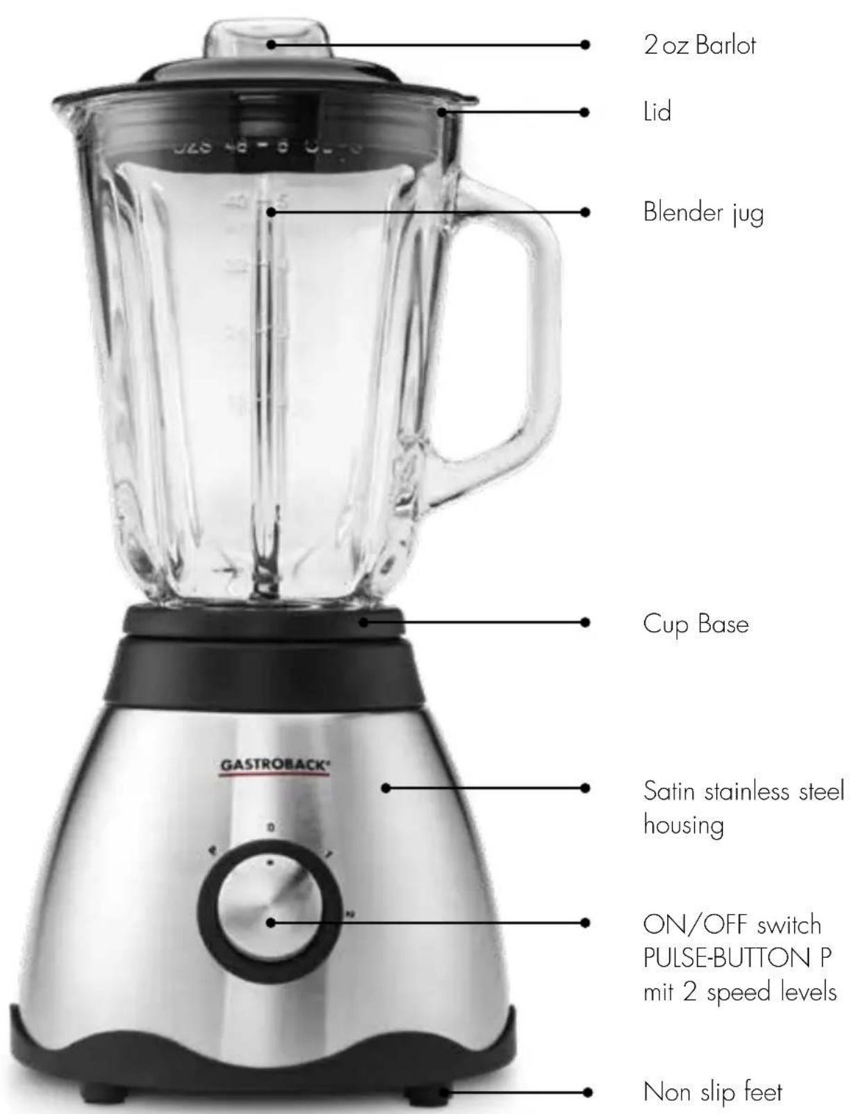 2 oz Barlot Lid Blender jug Cup Base GASTROBACK® Satin stainless steel housing ON/OFF switch PULSE-BUTTON P mit 2 speed levels Non slip feet