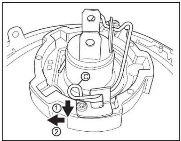 Technical diagram of a mechanical assembly with labeled parts and directional arrows indicating motion or movement.