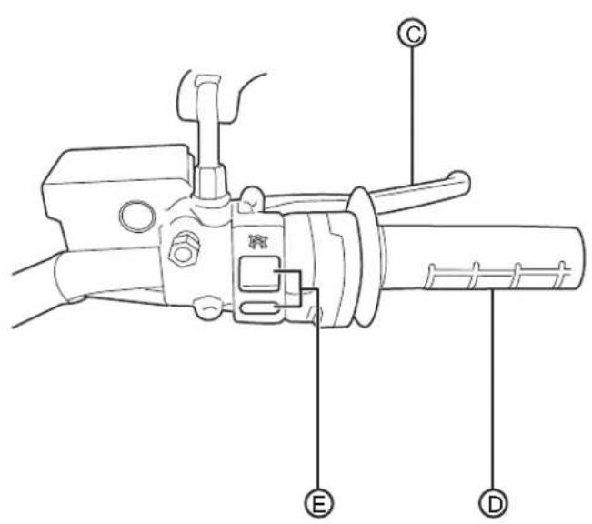 Technical diagram of a mechanical device with labeled parts E, C, and D