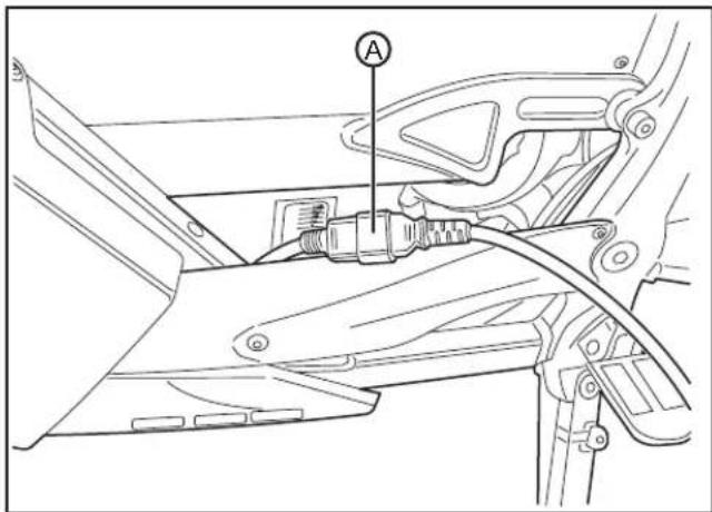 Technical diagram of a vehicle's internal components with labeled parts A and a cable or connector
