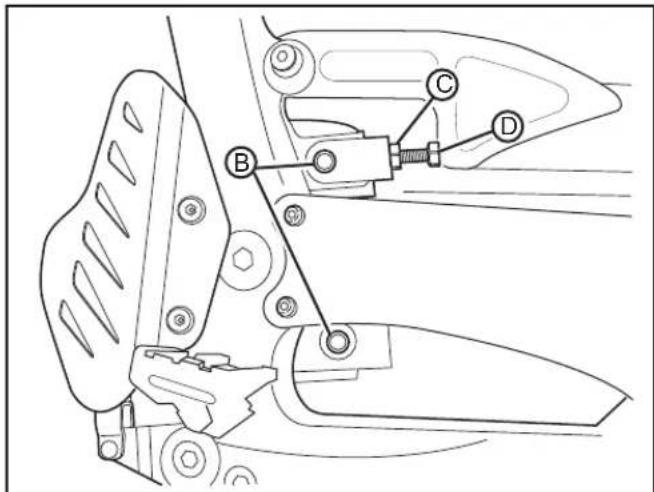 Technical diagram of a mechanical assembly with labeled parts B, C, and D