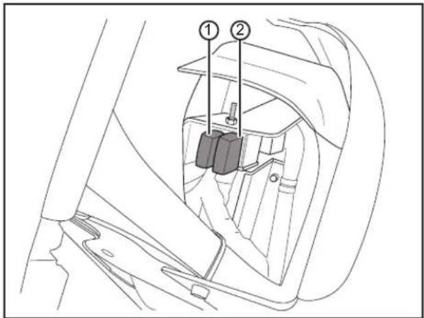 Technical diagram of a car seatbelt mechanism with labeled parts ① and ②