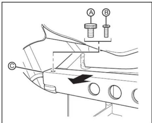 Technical diagram showing mechanical assembly with labeled parts A and B, including a directional arrow indicating motion or force.
