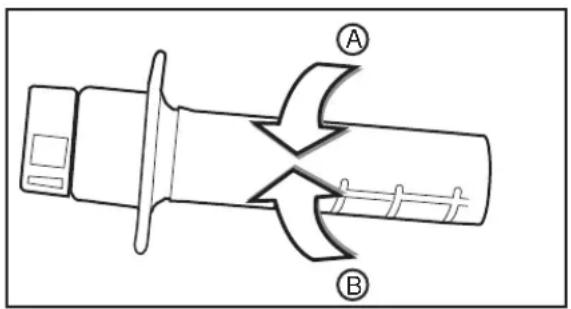 Technical diagram of a mechanical component with labeled parts A and B, showing internal flow or assembly.