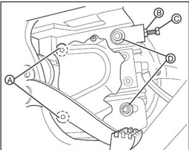 Technical diagram of a mechanical assembly with labeled parts A, B, C, and D