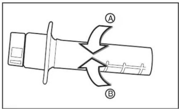 Technical diagram of a mechanical component with labeled parts A and B, showing internal flow paths.