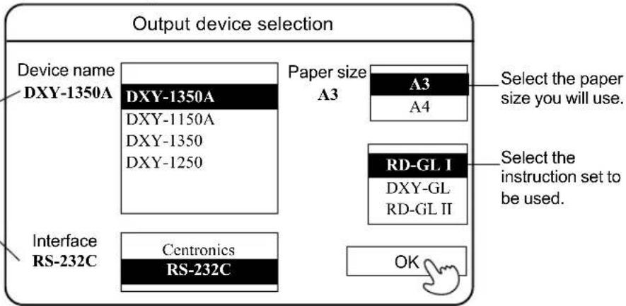 Output device selection Device name DXY-1350A DXY-1350A DXY-1150A DXY-1350 DXY-1250 Paper size A3 A4 Select the paper size you will use. RD-GL I DXY-GL RD-GL II Select the instruction set to be used. Interface RS-232C Centronics RS-232C OK