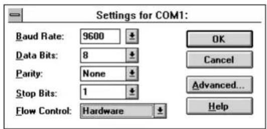 Settings for COM1: Baud Rate: 9600 Data Bits: 8 Parity: None Stop Bits: 1 Flow Control: Hardware OK Cancel Advanced... Help