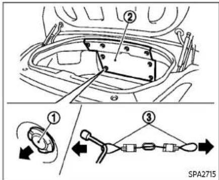 Technical diagram showing vehicle component assembly with numbered parts and directional arrows indicating motion or connection.