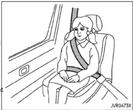 Line drawing of a person sitting in a seat inside an airplane cabin, wearing a seatbelt (no text or symbols)
