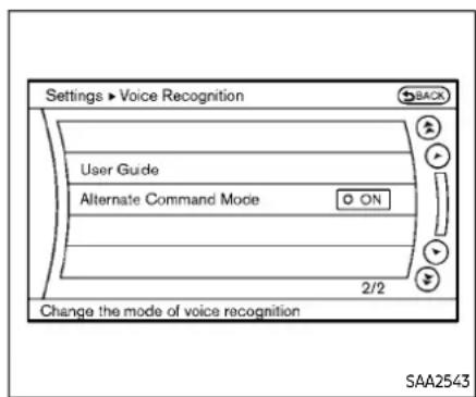 Settings ▶ Voice Recognition BACK User Guide Alternate Command Mode ON 2/2 Change the mode of voice recognition SAA2543