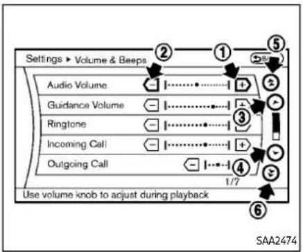 Settings ▶ Volume & Beeps Audio Volume Guidance Volume Ringtone Incoming Call Outgoing Call Use volume knob to adjust during playback 1/7 SAA2474