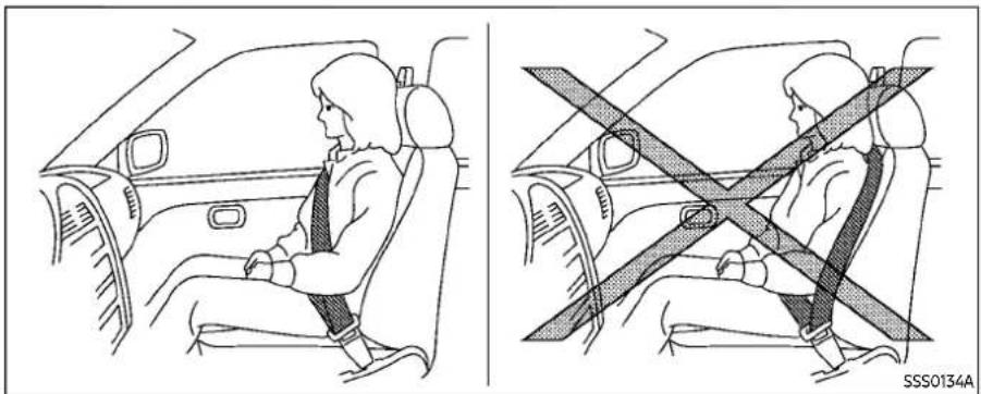 Two-panel line drawing showing a person seated in a car, with a cross symbol indicating the car's seatbelt (no text or labels present)