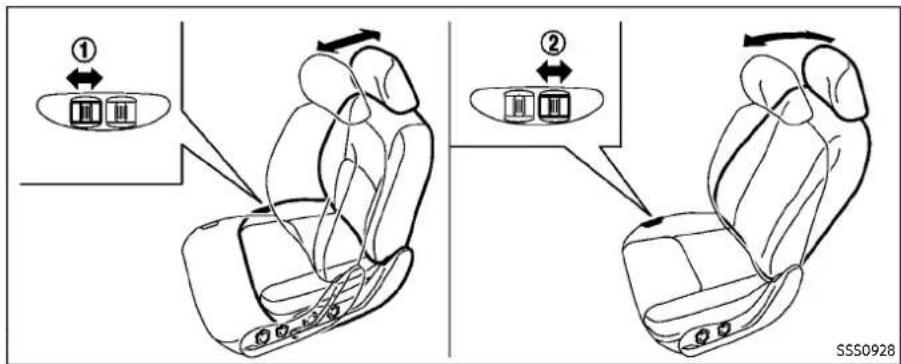 Diagram illustrating seatbelt usage in car seats, showing two configurations with numbered arrows and seatbelt buttons.