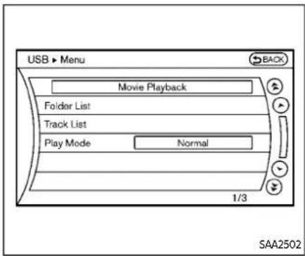 USB ► Menu Movie Playback Folder List Track List Play Mode Normal 1/3 SAA2502