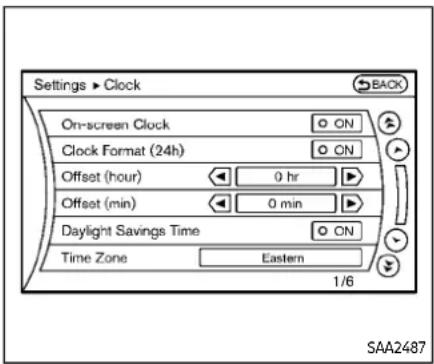 Settings ▶ Clock ON-screen Clock Clock Format (24h) Offset (hour) 0 hr Offset (min) 0 min Daylight Savings Time ON Time Zone Eastern 1/6 SAA2487