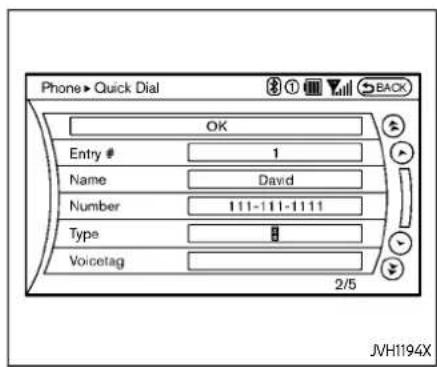 Phone→ Quick Dial OK Entry # 1 Name David Number 111-111-1111 Type Voicetag 2/5 JVH1194X