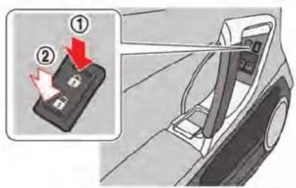 Diagram showing a car battery lock switch with labeled parts and directional arrows indicating function