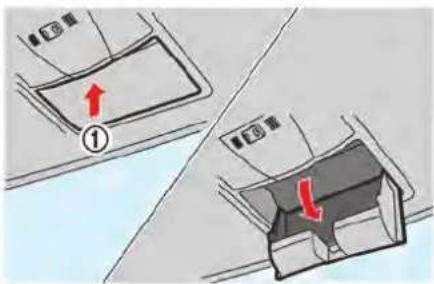 Diagram showing two car seatbelt configurations with red arrows indicating movement or change, labeled with number ①.