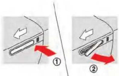 Diagram showing two-step instructions for inserting a component, labeled with arrows and numbered positions (① and ②)