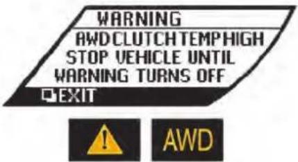 WARNING AWD CLUTCH TEMPH HIGH STOP VEHICLE UNTIL WARNING TURNS OFF EXIT AWD