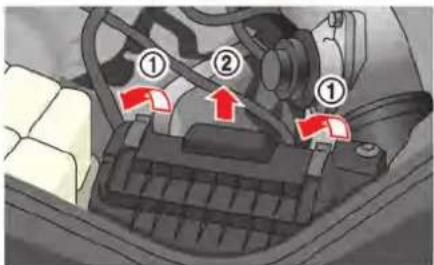 Diagram of car air intake system with numbered components and red directional arrows indicating flow or movement