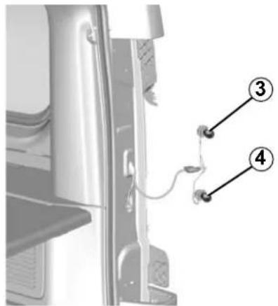 Diagram of a door panel with labeled parts, showing a cable and connector connection