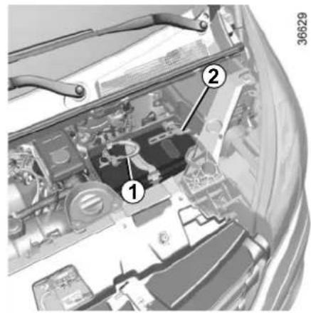 Technical diagram of a car engine bay with numbered components and labeled parts
