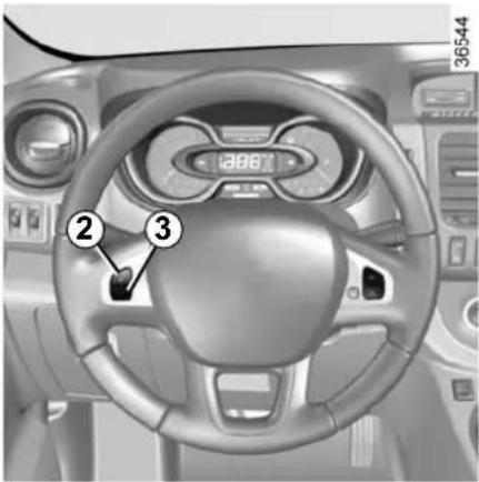 Car dashboard interior with numbered parts highlighting the steering wheel and dashboard controls