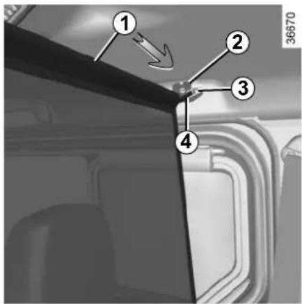 Diagram of a vehicle's side panel with numbered components and directional arrow indicating movement or flow