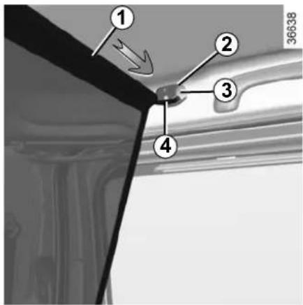 Technical diagram showing labeled components of a mechanical or structural component with numbered parts and an arrow indicating direction.