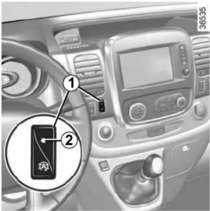 Car interior control panel with labeled parts showing a device interface and a zoomed-in section view